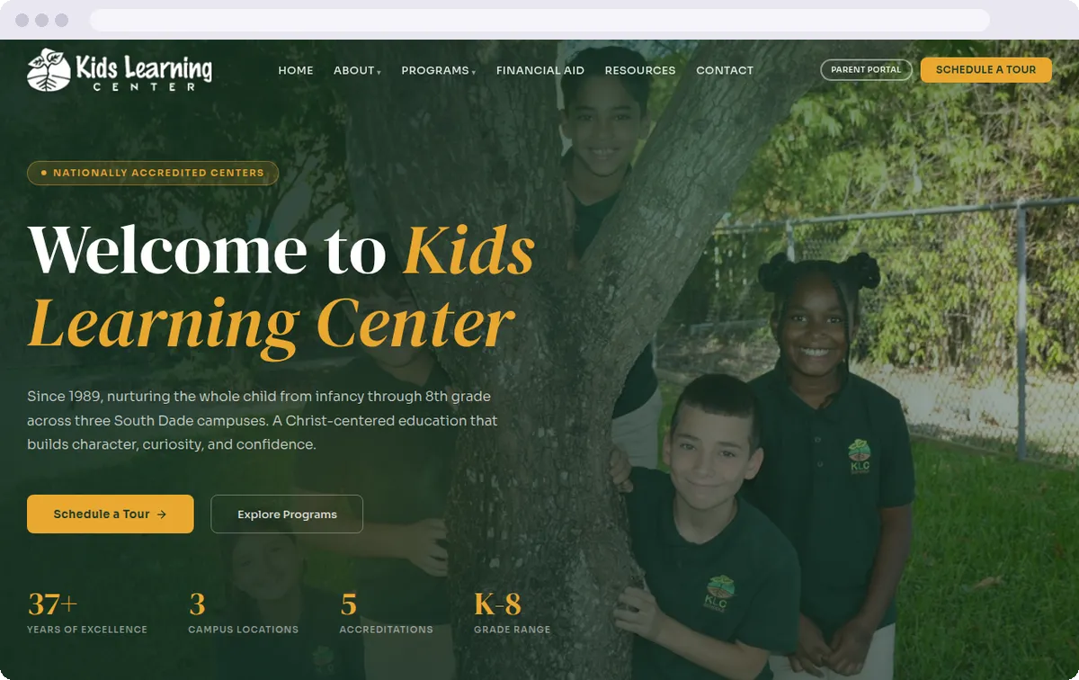 Kids Learning Center website homepage, an early education center in South Dade
